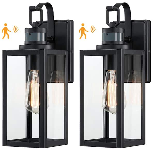 Uixe 15 in. 1-Light Matte Black Motion Sensing Outdoor Wall Lantern ...