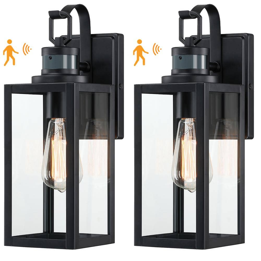 Uixe 15 in. 1-Light Matte Black Motion Sensing Outdoor Wall Lantern Sconce Dusk to Dawn with Clear Glass(2-Pack)