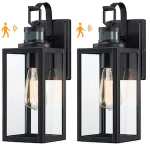 15 in. 1-Light Matte Black Motion Sensing Outdoor Wall Lantern Sconce Dusk to Dawn with Clear Glass(2-Pack)