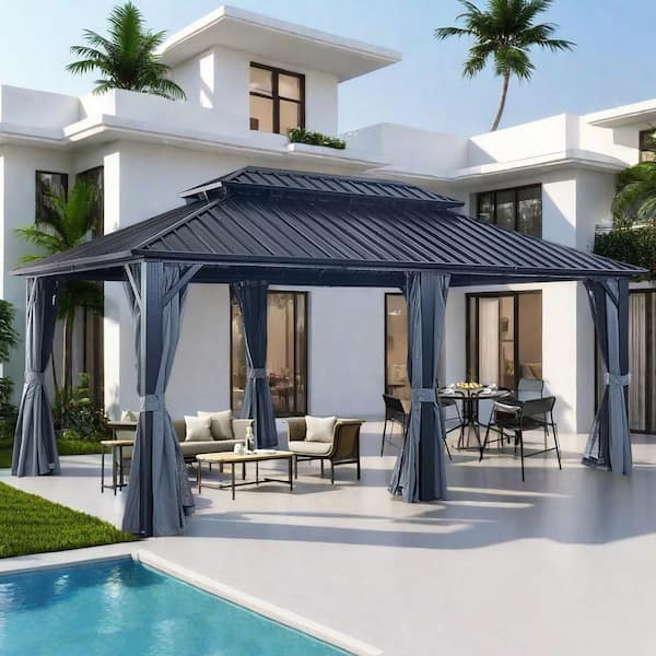 12 ft. x 18 ft. Black Outdoor Aluminum Hardtop Gazebo with Metal Double Roof Pergola, Netting, and Curtain