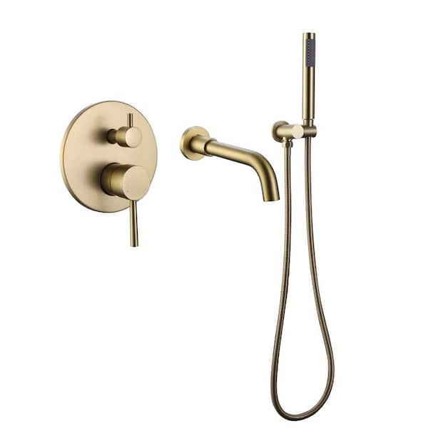 2-Handle Wall-Mount Roman Tub Faucet with Hand Shower Modern 3-Hole Brass Tub Fillers in Brushed Gold