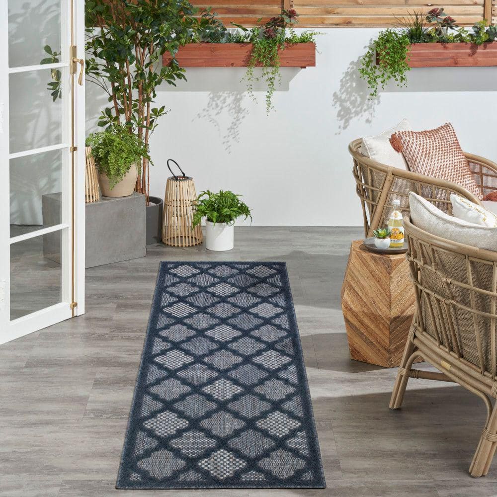 Navy Blue Trellis Pattern Indoor/Outdoor Runner Rug 2' x 6'