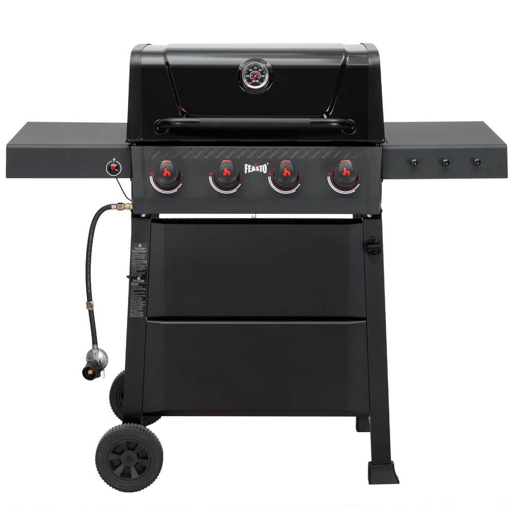 4-Burner Propane Gas Grill in Black with 2-Side Tables and Porcelain-Enamel