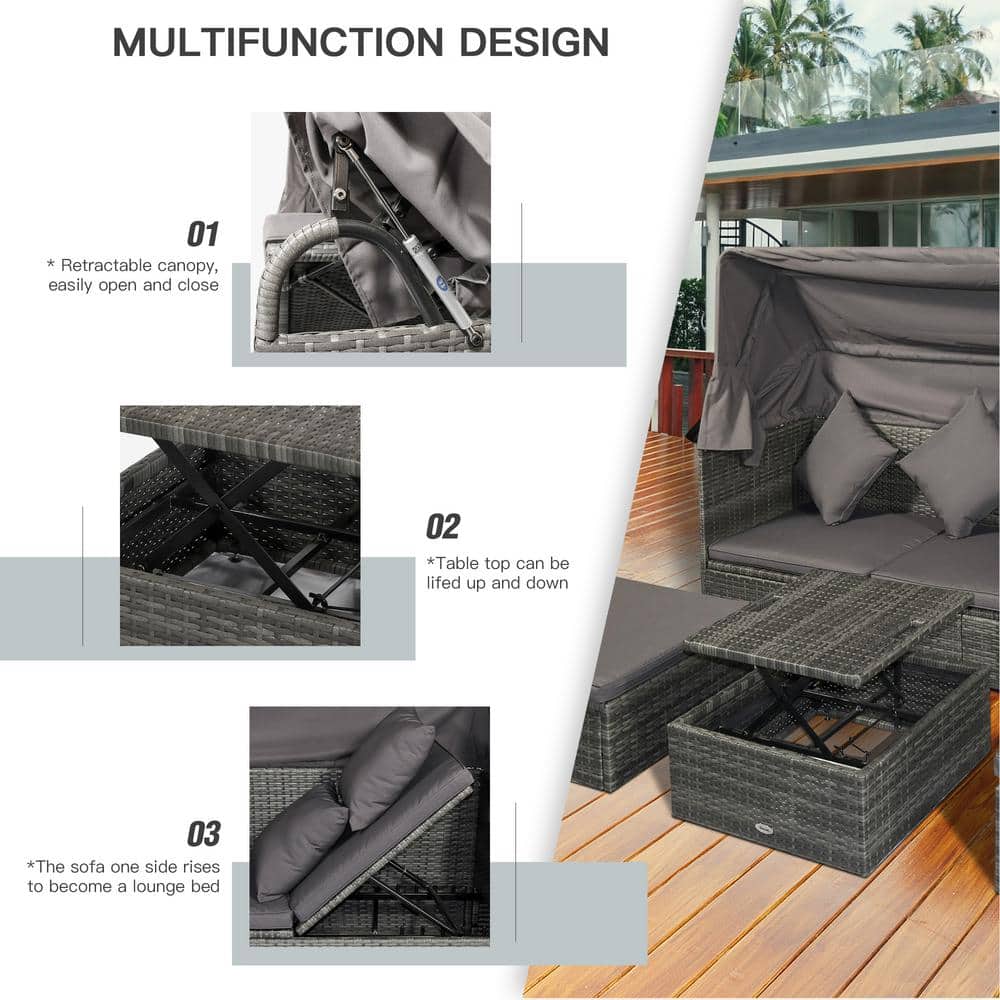 Gray Steel 4-Piece Outdoor Rattan Sofa Set with Adjustable Canopy