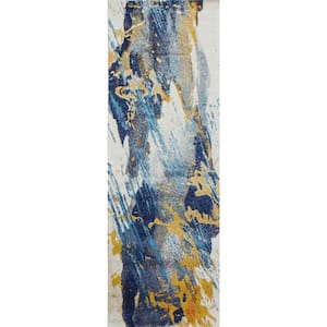 Everek Ivory/Blue 3 ft. x 8 ft. (2'6" x 8') Abstract Contemporary Runner Rug