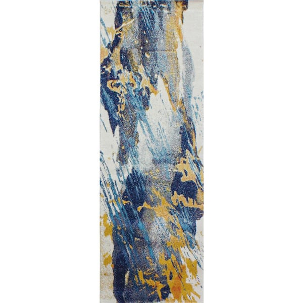 BASHIAN Everek Ivory/Blue 3 ft. x 8 ft. (2'6" x 8') Abstract Contemporary Runner Rug