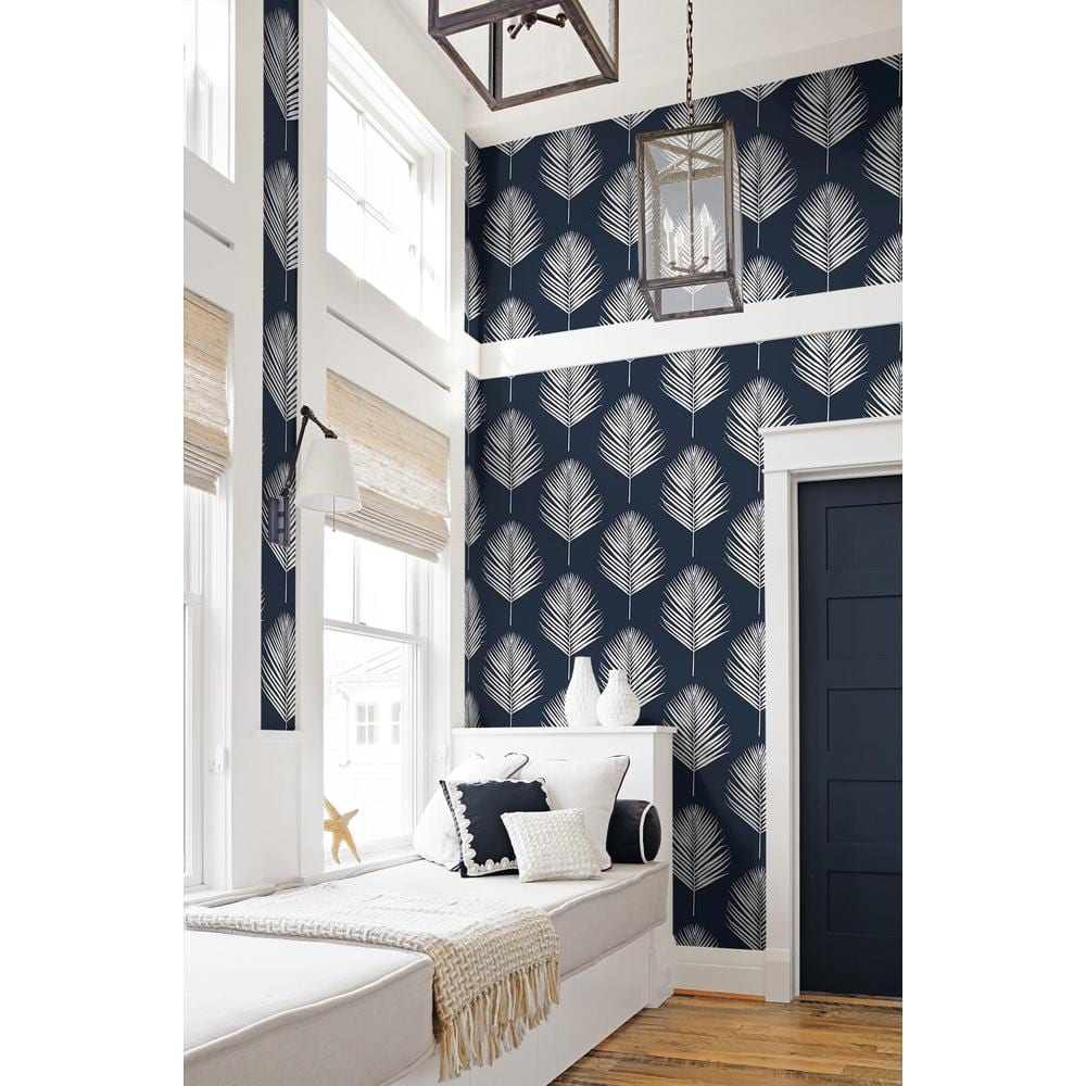 Midnight Blue and White Vinyl Palm Leaf Peel and Stick Wallpaper
