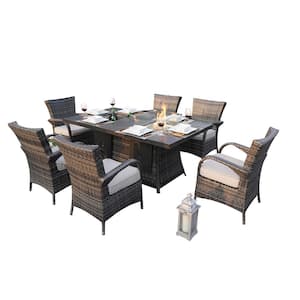 ELLE Gray 7-Piece Wicker Outdoor Dining Set with Gray Cushions Patio Fire Pits Table