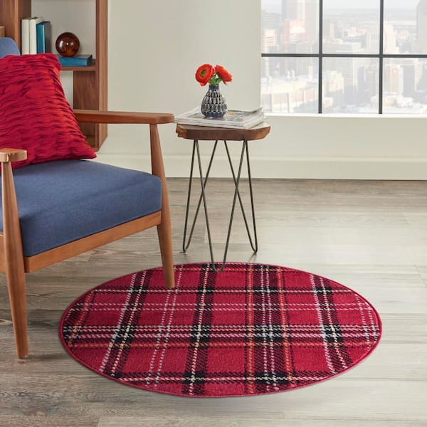 Grafix Red 3 ft. Round Plaid Contemporary Area Rug