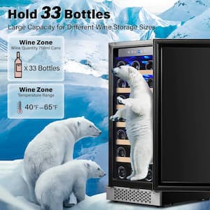 15 in. Single Zone 33-Bottles Built-In Wine Cooler Refrigerator Upgrad Compressor Reversible Tempered Door w/Safety Lock