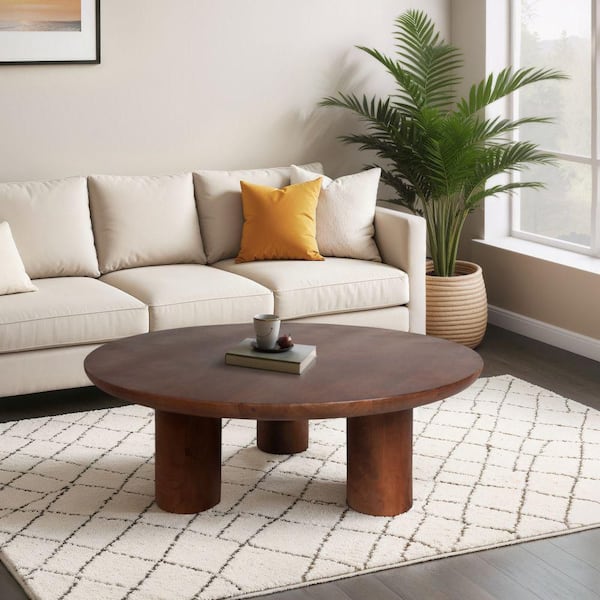 Brown 35 in. Round Wood Scandinavian Coffee Table