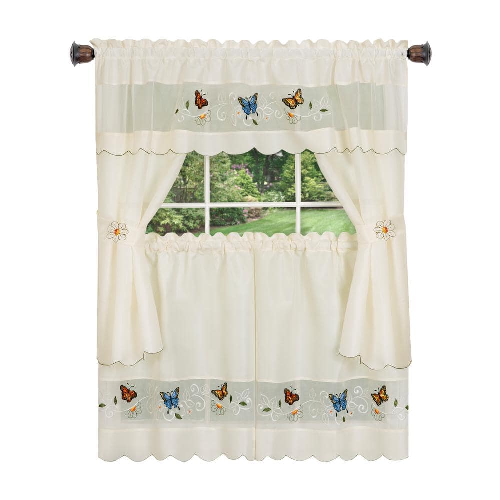 Daisy Meadow Blue Butterfly Embellished Cottage Window Curtain Set