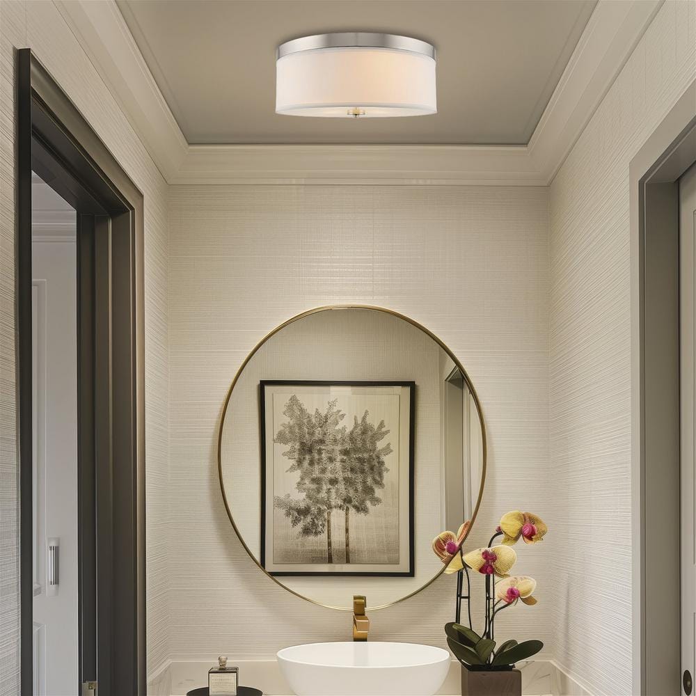 Brushed Nickel 15" Modern Drum Flush Mount with White Fabric Shade
