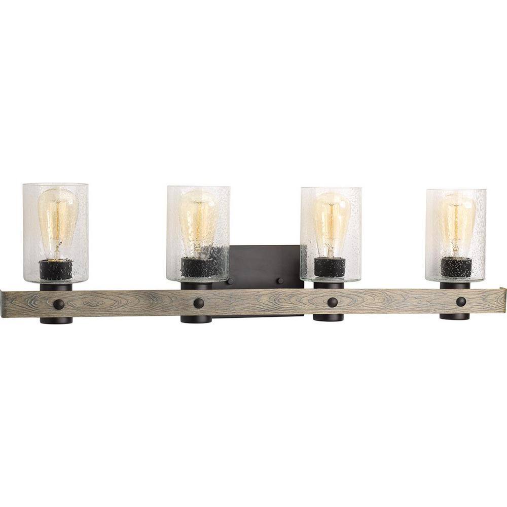 Graphite and Wood 4-Light Bath Vanity Fixture with Clear Seeded Shades