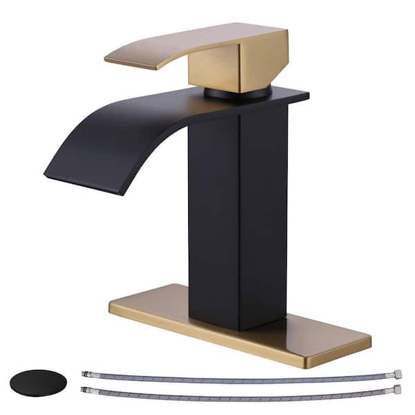 Single Handle Single Hole Bathroom Faucet with Deckplate and Waterfall Spout Included in Gold and Black