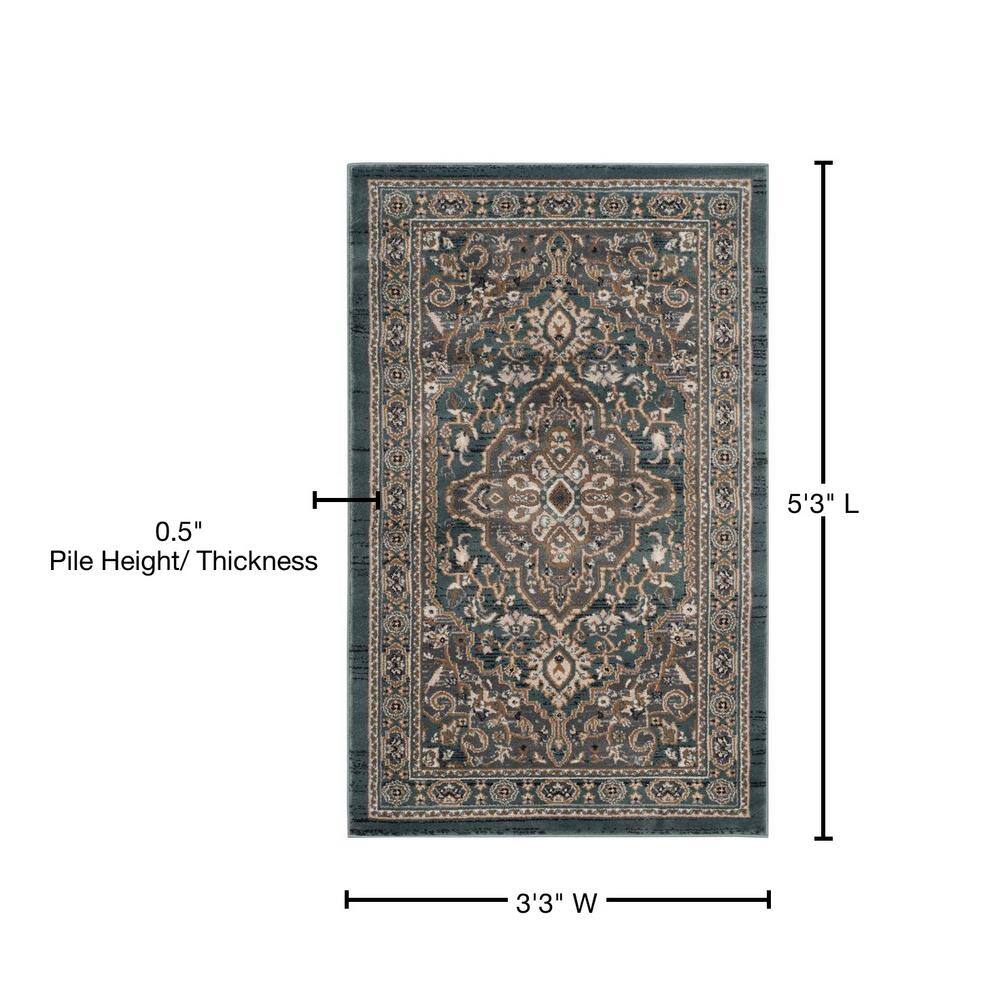 Teal and Grey Floral Synthetic Rectangular Area Rug