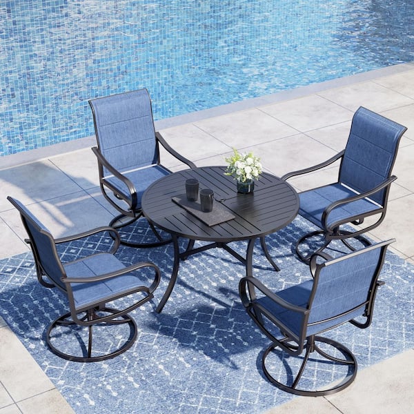 Black 5-Piece Metal Patio Outdoor Dining Sets with Stamped Round Table and Padded Blue Textilene Swivel Chairs