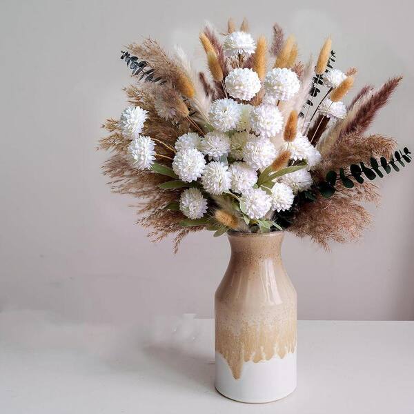 17 in. White Mums Artificial Flowers with Dried Pampas Grass Decor