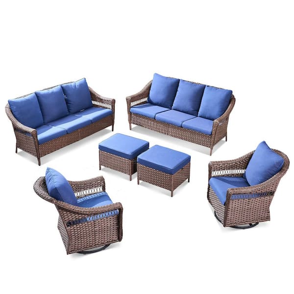 Buenaola 6-Piece Brown Swivel Wicker Patio Conversation Set with Glider Chairs, Outdoor Sofa Couch Set with Blue Cushions
