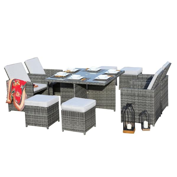 moda furnishings Penny Grey 9-Piece Wicker Outdoor Dining Set with Washed Beige Cushion
