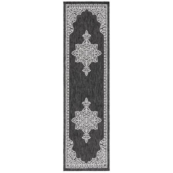 Beach House Charcoal/Ivory 2 ft. x 10 ft. Border Ornate Medallion Indoor/Outdoor Runner Rug