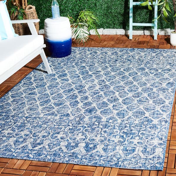 Courtyard Navy/Gray 5 ft. x 8 ft. Distressed Border Trellis Indoor/Outdoor Area Rug