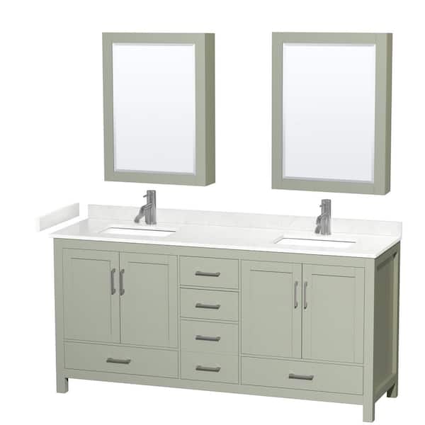 Wyndham Collection Sheffield 72 in. W x 22 in. D x 35 in. H Double Bath Vanity in Light Green with Carrara Cultured Marble Top & MC Mirrors