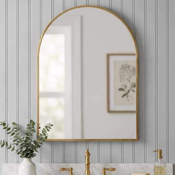 Gold 30 in. W x 36 in. H Small Arch Framed Decorative Wall Mount Bathroom Vanity Mirror
