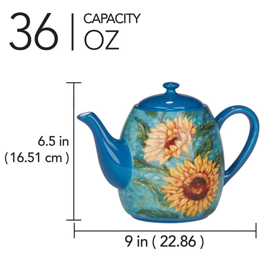 Golden Sunflowers Blue Earthenware Teapot, 36 oz