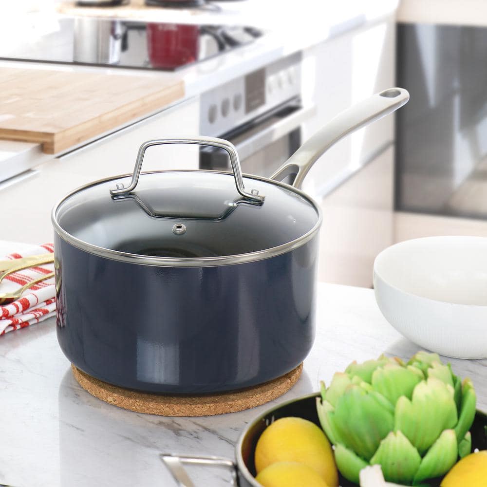 Dark Gray 3.5 Quart Non-Stick Aluminum Saucepan with Glass Lid