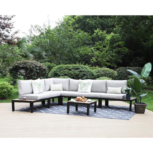 PHI VILLA 6 -Seat 6-Piece Metal Outdoor Patio Conversation Sectional -Seating Set with Light Gray Cushions and Coffee Table