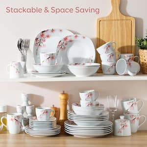 36-Piece Pink Floral Ivory White Porcelain Dinnerware (Set Service for 12)