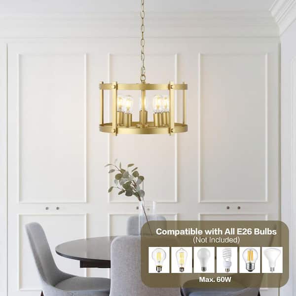 WINGBO 5-Light Gold Farmhouse Round Chandelier, Industrial Hanging Pendant Light with Metal Drum Shade