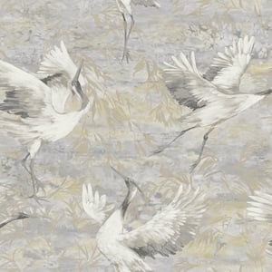 Sarus Crane Grey Textured Vinyl Non-Pasted Wallpaper (Covers 56 sq. ft.)
