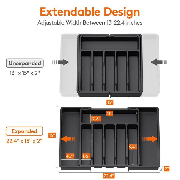 22.4 in. x 15 in. Adjustable Plastic Silverware Drawer Organizer for Kitchen Spoons Forks Knives, Black