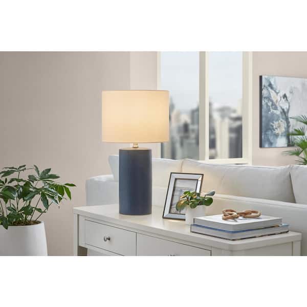 Hampton Bay Greer 24 in. Navy Classic 1-Light Ceramic Table Lamp with White Fabric Drum Shade