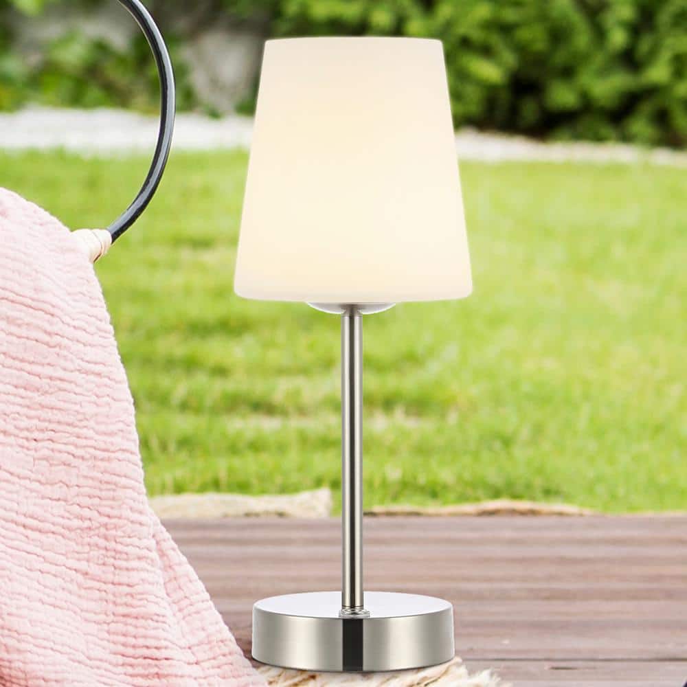 Nickel Cordless Rechargeable LED Table Lamp with Frosted Glass Shade