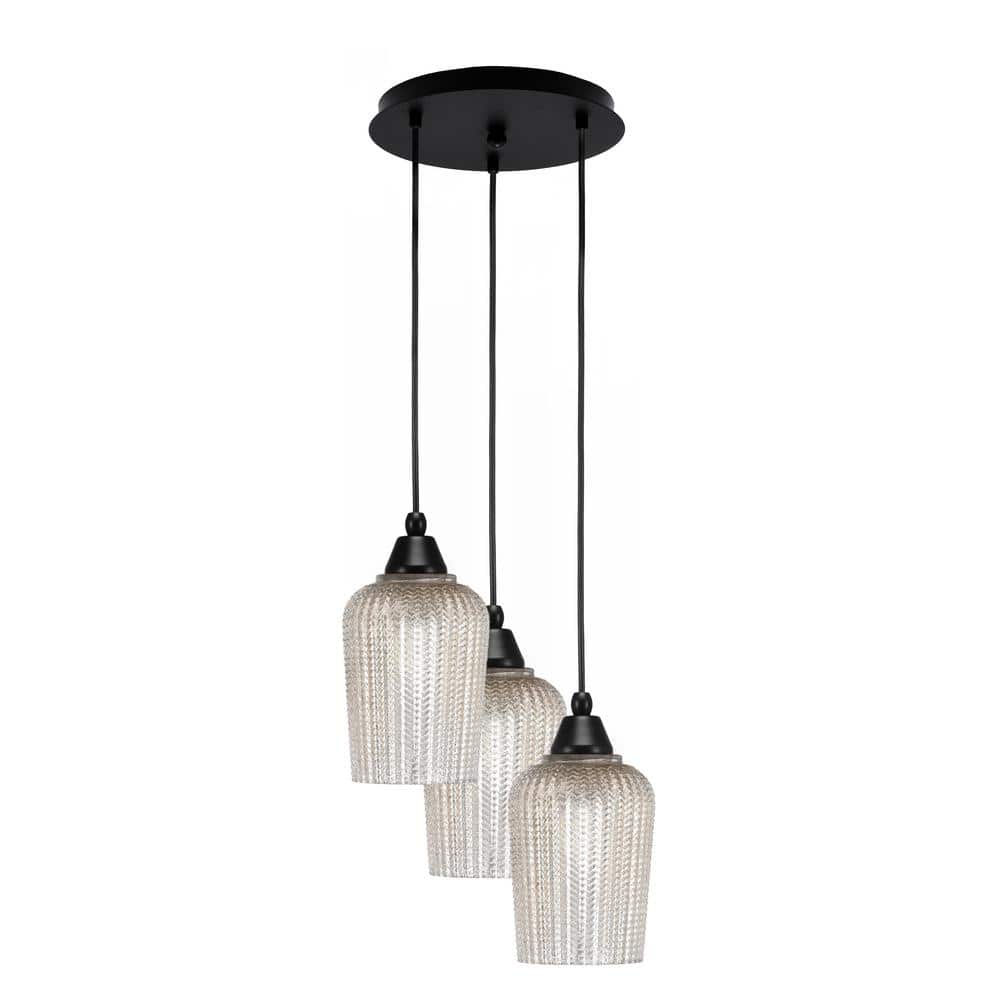 Savannah 11 in. 3-Light Matte Black Cord Pendant Light Silver Textured Glas