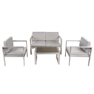 4-Piece Silver Aluminum Outdoor Modern Sofa Sectional Set for Patio Garden with Light Gray Cushions
