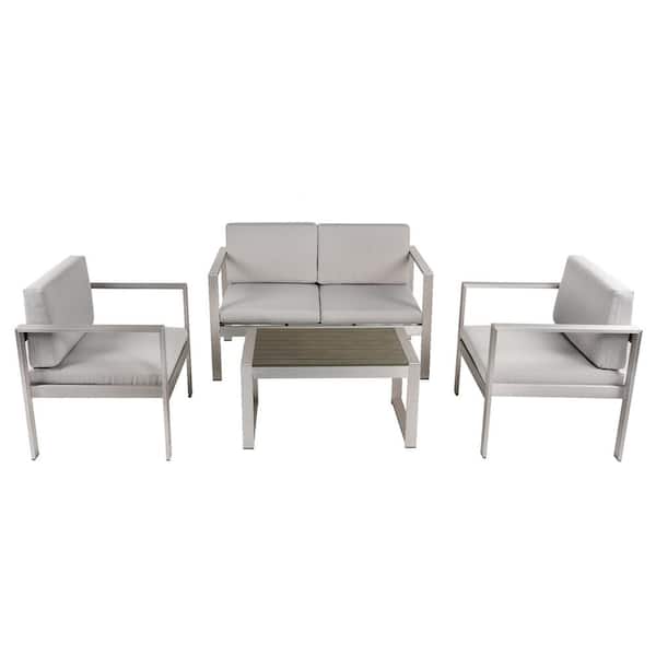 Angel Sar 4-Piece Silver Aluminum Outdoor Modern Sofa Sectional Set for Patio Garden with Light Gray Cushions