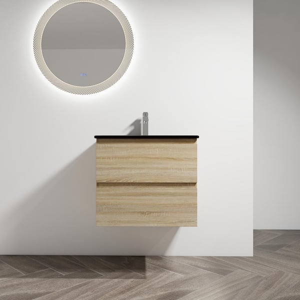 Unbranded 24 in. W x 18 in. D x 20 in. H Single Sink Wall-Mounted Bath Vanity in Light Oak with Black Ceramic Top