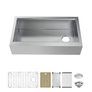 Zero Radius Farmhouse/Apron-Front 16G Stainless Steel 33 in. Single Bowl Workstation Kitchen Sink with Accessories