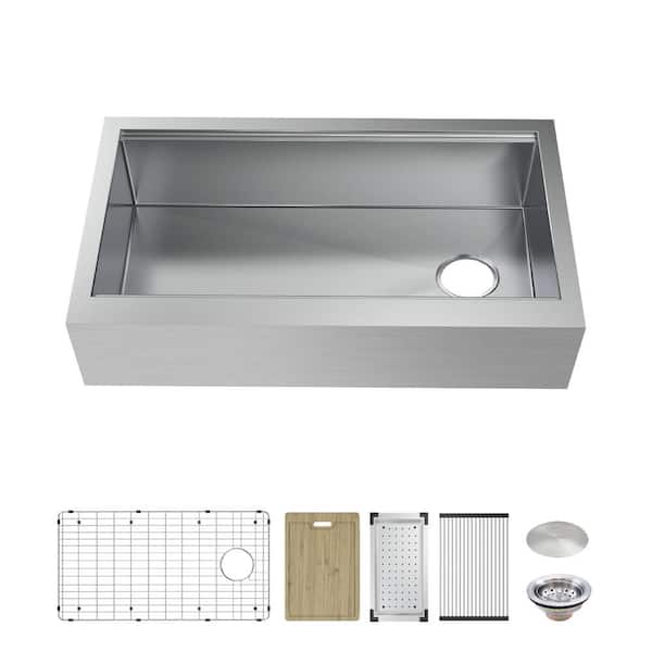 Glacier Bay Professional Zero Radius 33 in. Apron-Front Single Bowl 16G Stainless Steel Workstation Kitchen Sink with Accessories