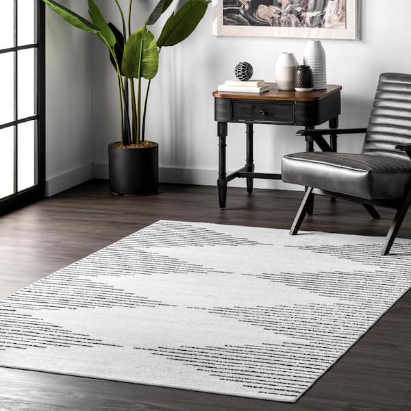 Romina Diamond Stripes Machine Washable White 8 ft. x 10 ft. Indoor Area Rug