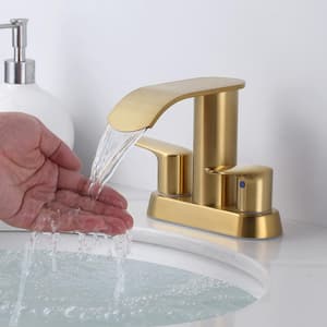 4 in. Centerset 2-Handle Mid Arc Bathroom Waterfall Faucet with Drain Kit Included in Stainless Steel Brushed Gold