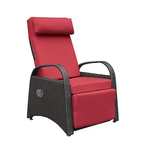 Brown Wicker Outdoor Adjustable Lounge Chair with Red Cushion