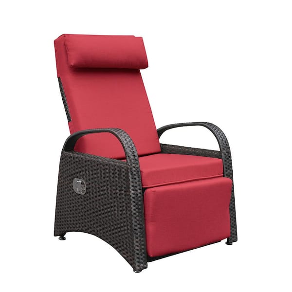 Cesicia Brown Wicker Outdoor Adjustable Lounge Chair with Red Cushion