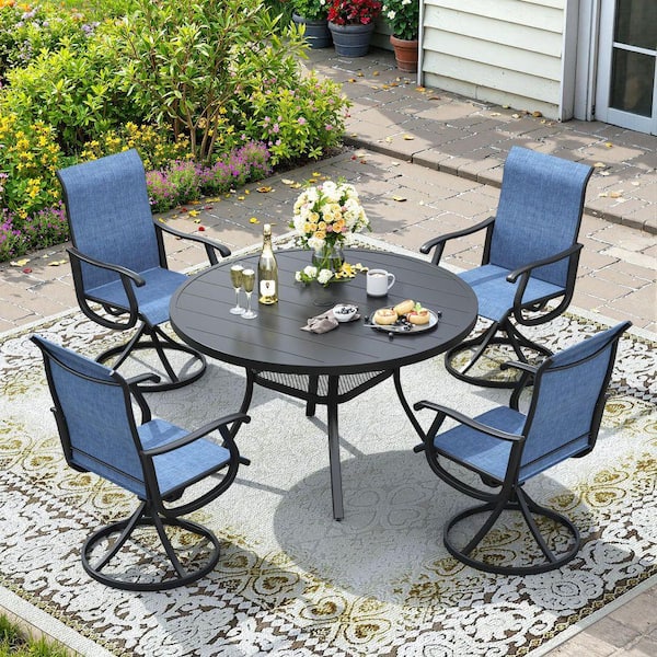 5 Piece Metal Ouedoor Patio Dining Set with 4 Blue Textilene Swivel Dining Chairs and 40.6 in. Black Round Dining Table