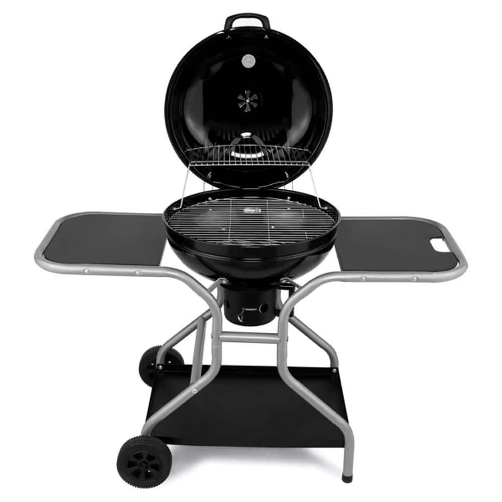 Portable Charcoal Grill Set with 2 Side Tables, Storage Shelf, Wheels, Ash Catcher, Thermometer and Air Vent, Black