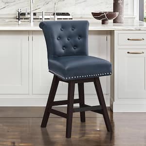 26 in. Navy Blue Faux Leather Swivel Barstool Solid Wood Counter Stool with Nailhead Trim and Tufted Backrest (Set of 1)